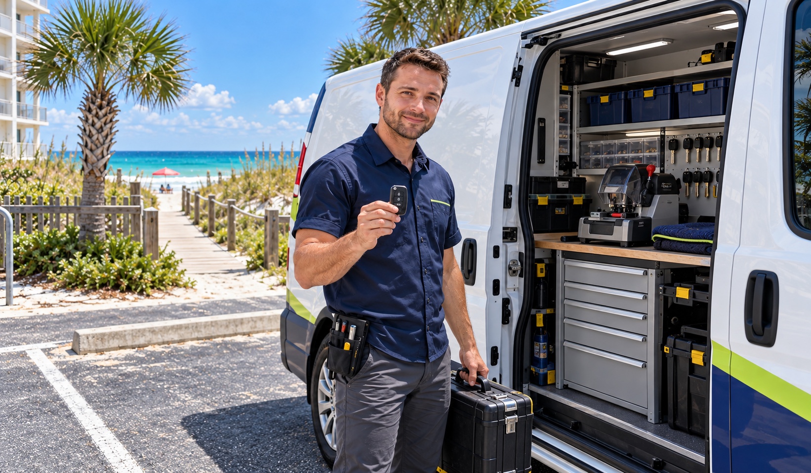 Mobile locksmith service van on a coastal Florida street