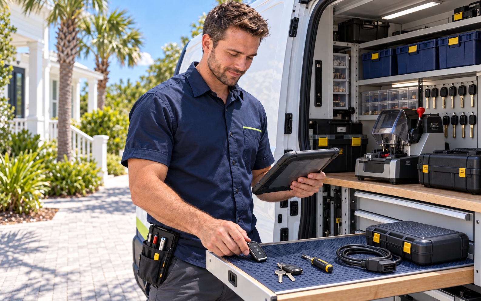 Locksmith preparing tools beside a service van