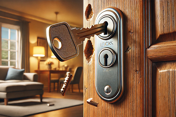 Broken residential lock, emphasizing the need for professional locksmith repair services in Panama City Beach by Urlocksmith.