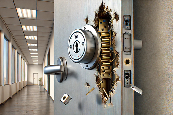 Broken commercial lock, illustrating the necessity for expert locksmith services in Panama City Beach by Urlocksmith to secure business premises.