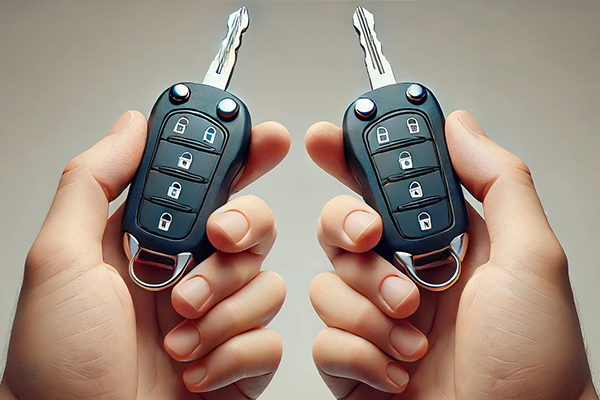 Two identical chip car keys, highlighting Urlocksmith's car key duplication services in Panama City Beach.